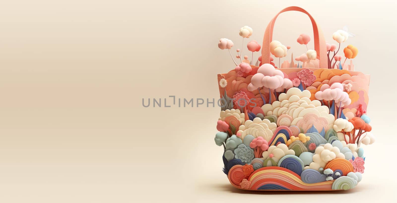 Pink shopping bag covered with flowers, marketing and advertising a special offer, positive emotion and attitude, purchase gift with joy