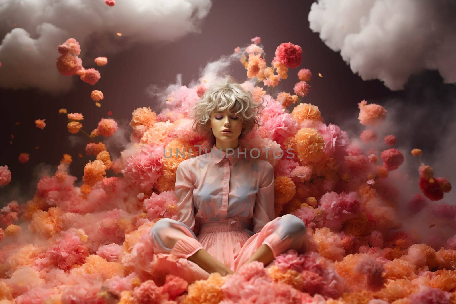 Woman sitting on a cloud of flowers, positive thinking, creative mind, self esteem and mental health concept, dreamlike and pure