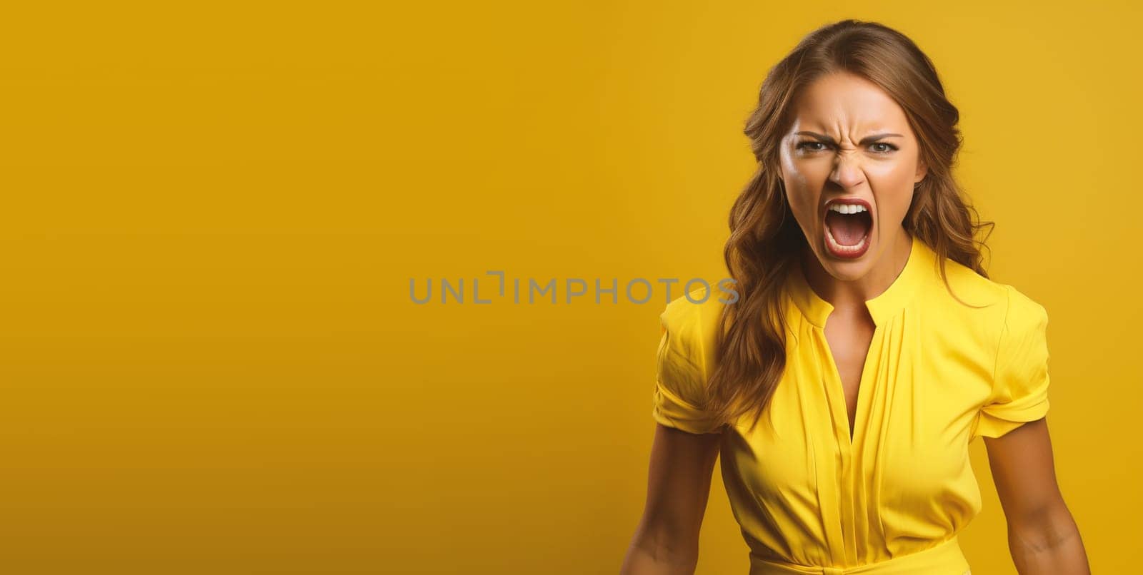 Portrait of an angry and frustrated young woman, screaming, aggressive face, negative emotion, yellow background