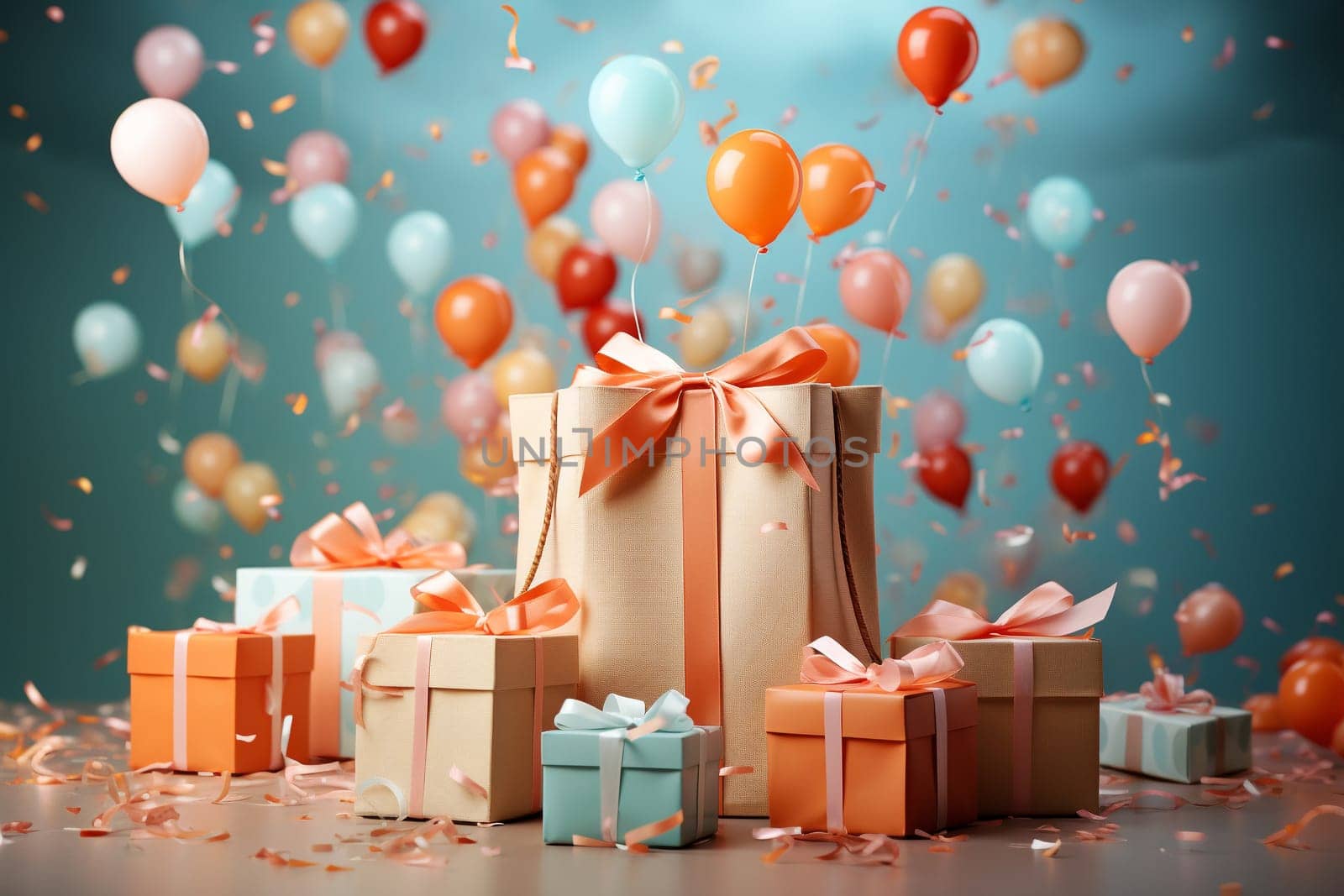 Gift boxes with ribbon, bow, colorful balloons and confetti, shopping suprise for holiday, wrapped package for birthday
