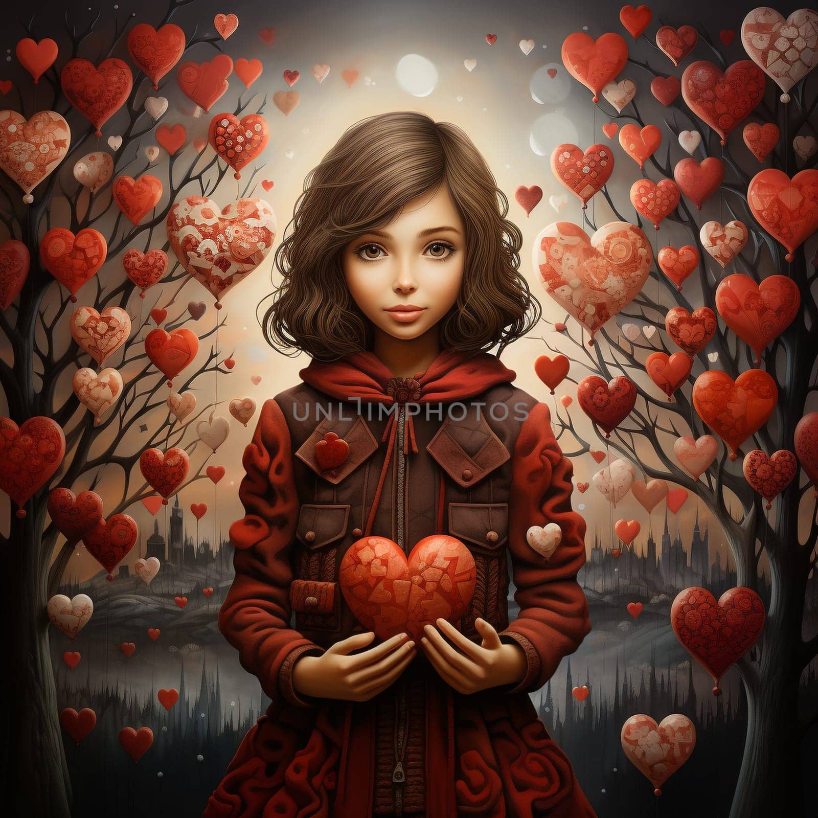 Girl holding red heart in her hands, hearts growing on trees, love and emotion concept, good hearted person, help and charity