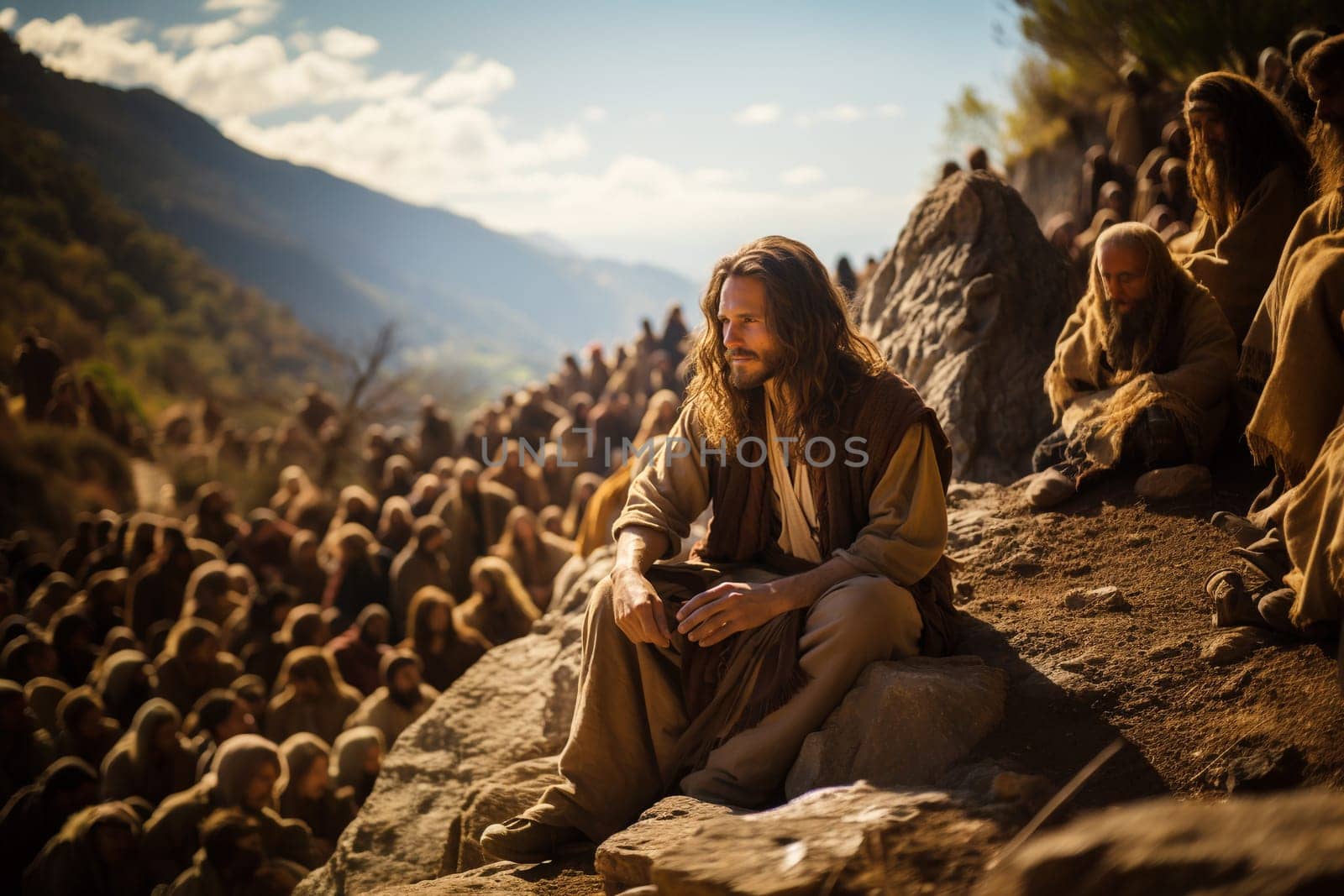 Jesus Christ preaching at the Sermon on the Mount, blessing the poor, the sorrowful and meek, justice, the merciful and peaceable, religion of christianity, bible story