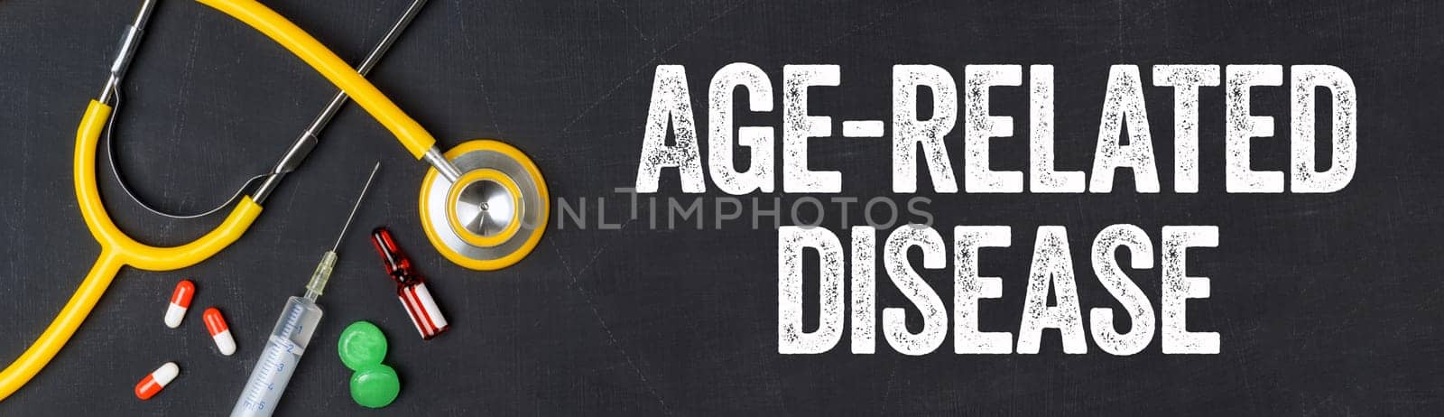Stethoscope and pharmaceuticals on a blackboard - Age-related disease
