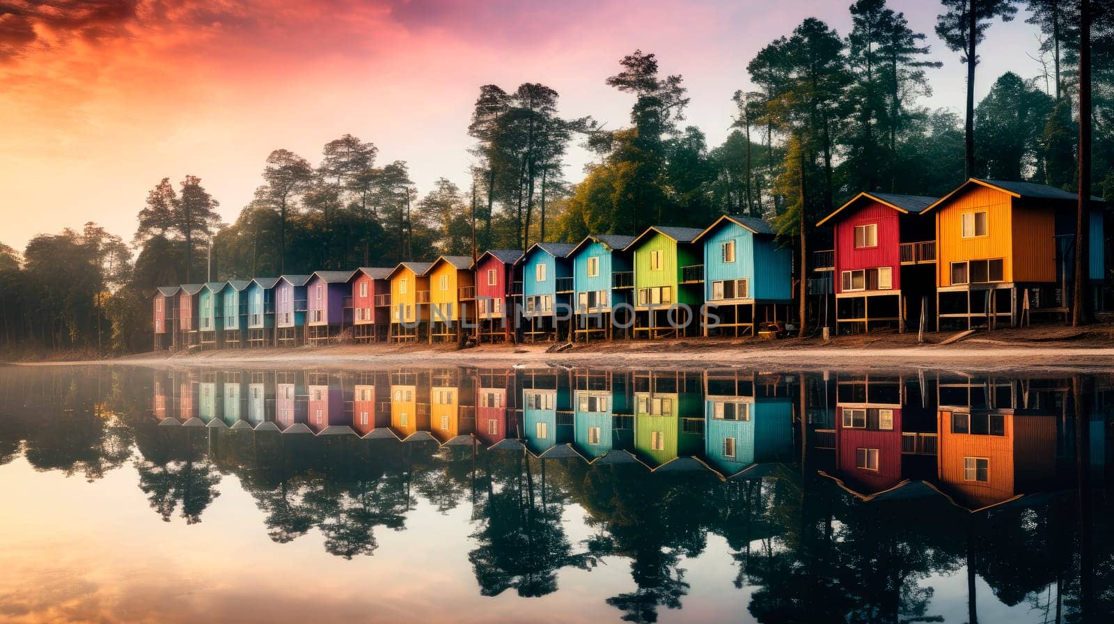 Forest lush and row of colorful wooden houses at the beach. Summer houses at the beach. Huts for travelers on vacation at the sand sea coast.AI generated