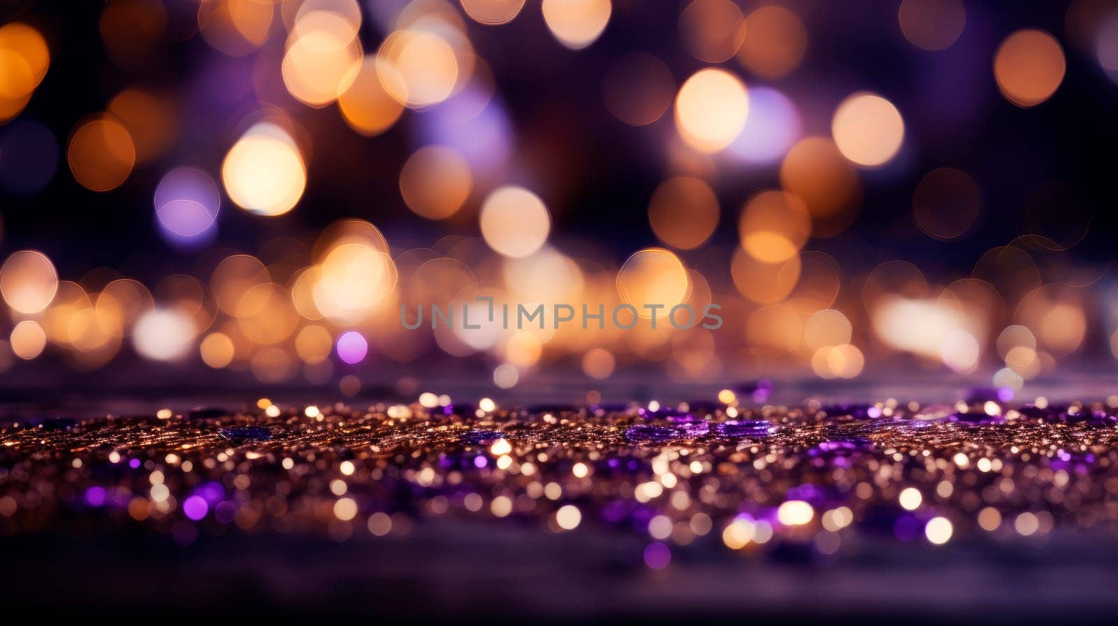 Purple festive Christmas elegant abstract background with bokeh lights and stars.Purple and gold glitter lights background. AI generated
