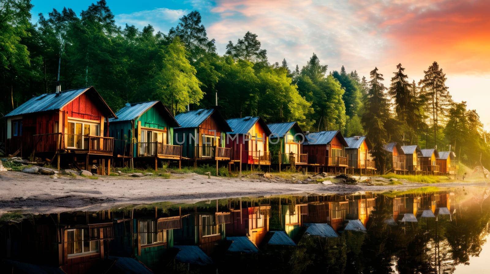 Forest lush and row of colorful wooden houses at the beach. Summer houses at the beach. Huts for travelers on vacation at the sand sea coast.AI generated