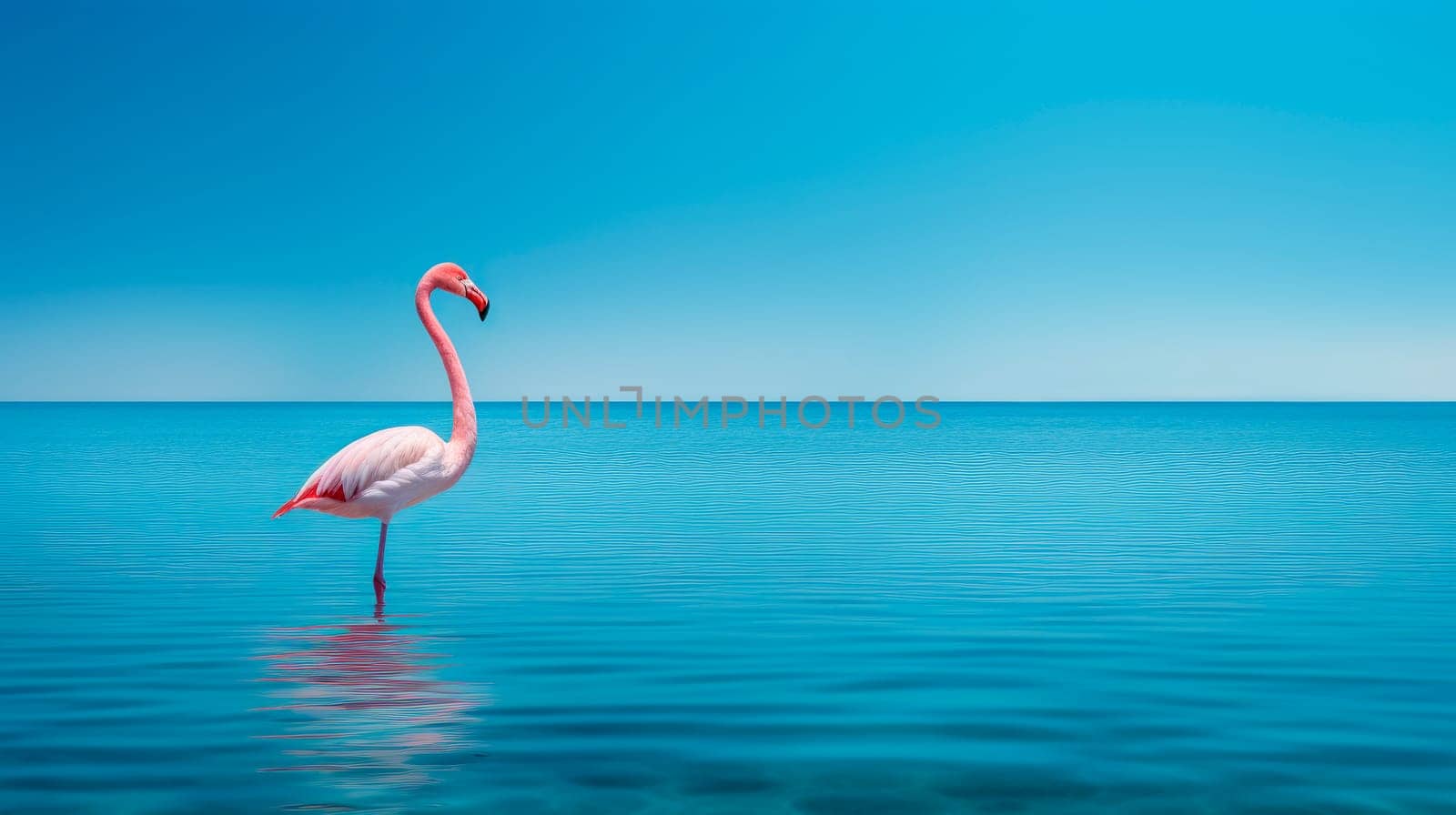 A pink flamingo standing alone in a blue water. Pink Flamingo bird in the sea. AI generated