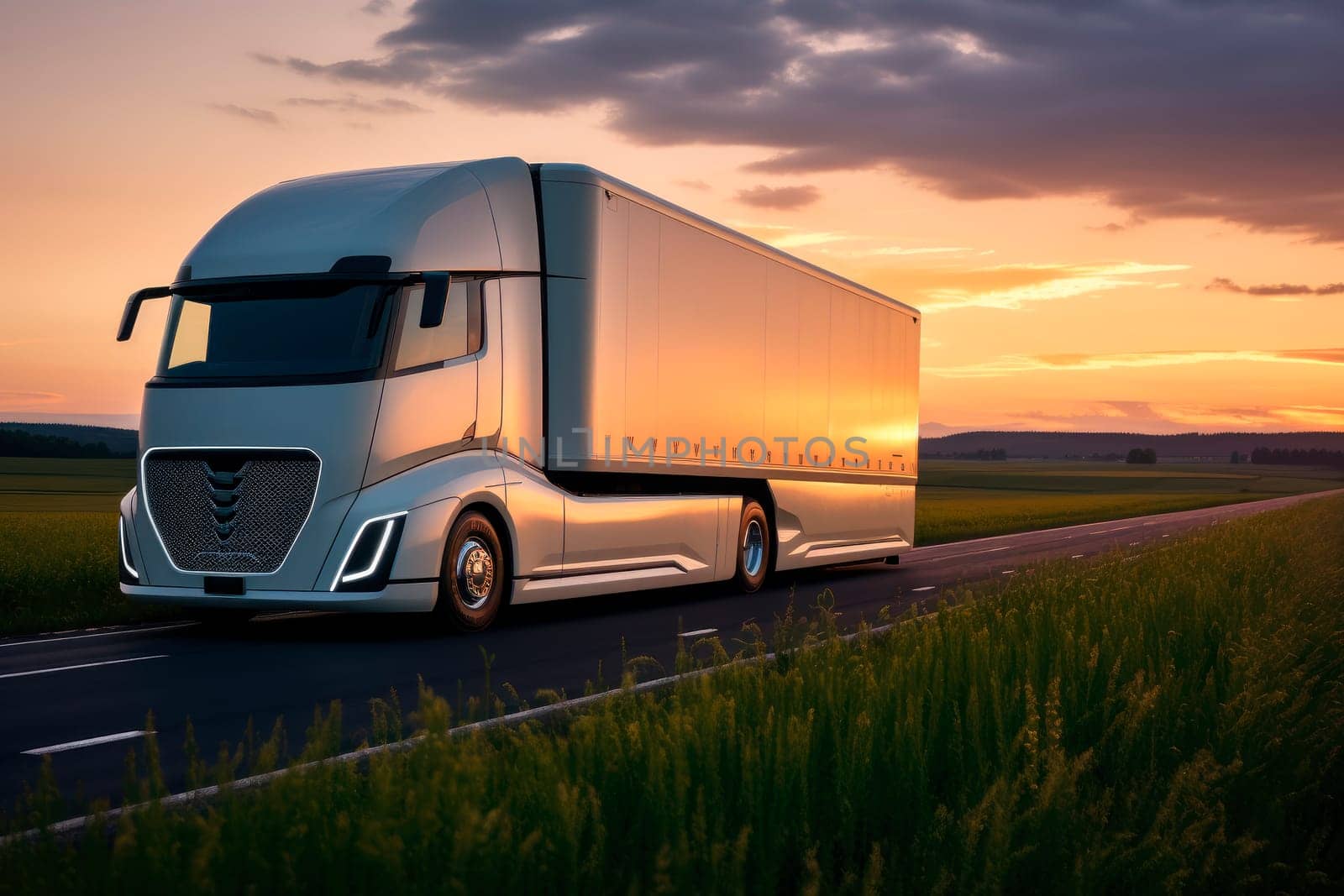 White futuristic electric semi-truck driving on an open highway with beautiful rural background.Future logistic technology concept. Electric automobile. AI generated