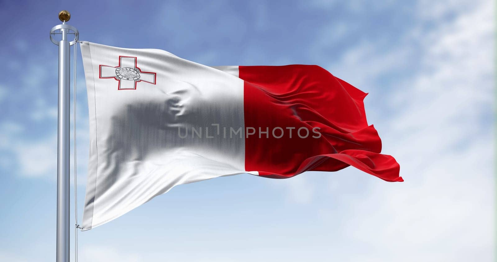 Malta national flag waving in the wind on a clear day. White and red with George Cross in white stripe canton. 3d illustration render. Fluttering fabric.