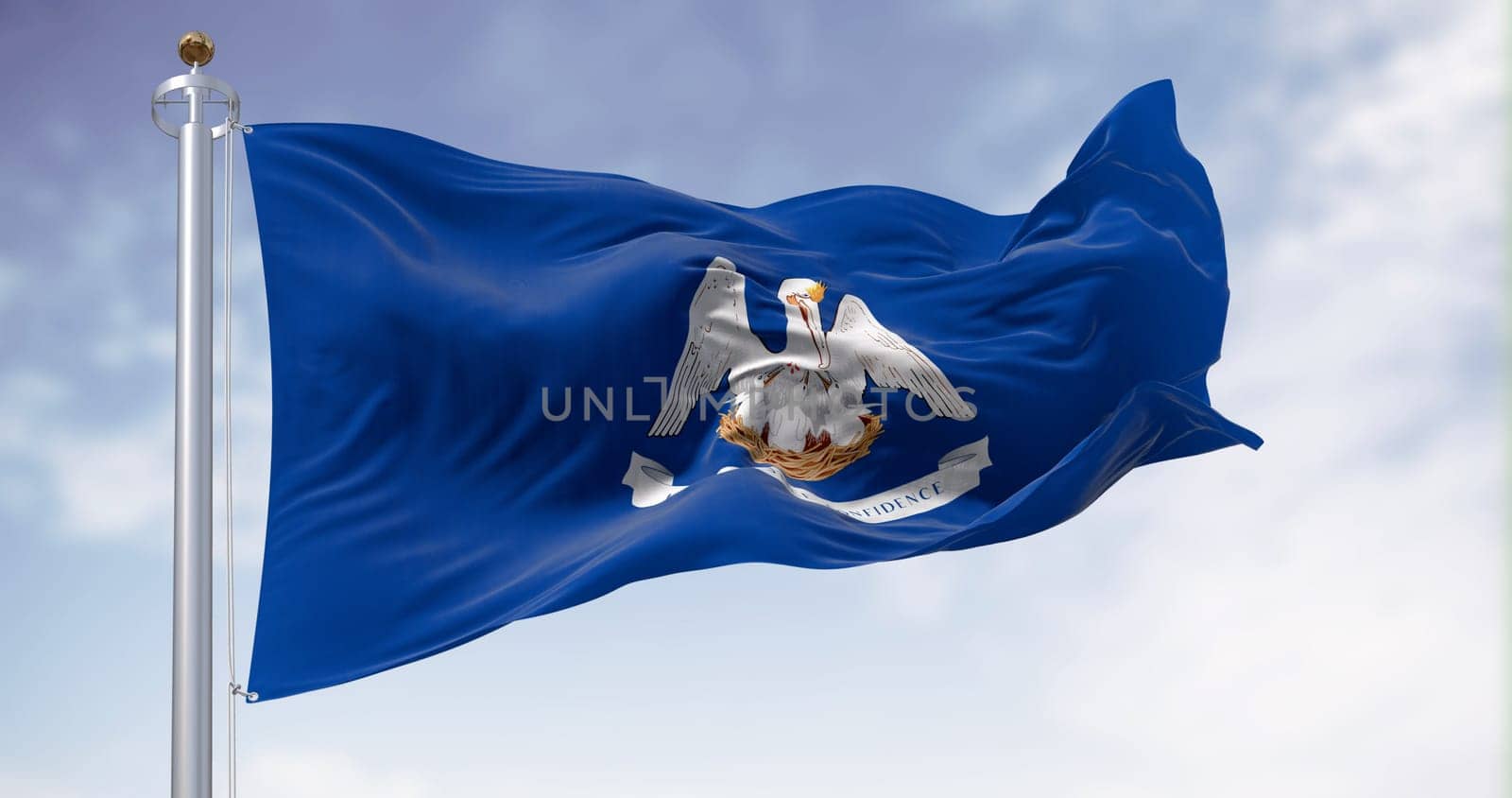 Louisiana state flag waving on a clear day. Mother pelican in a blue area with the slogan of the state. US state. 3d illustration render. Fluttering fabric