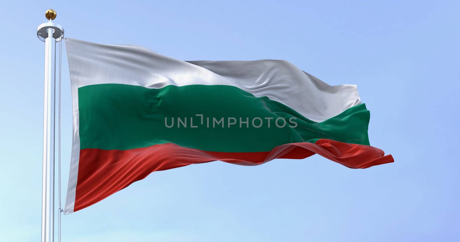 Bulgaria national flag waving in the wind on a clear day. White, green and red horizontal stripes. 3d illustration render. Fluttering fabric