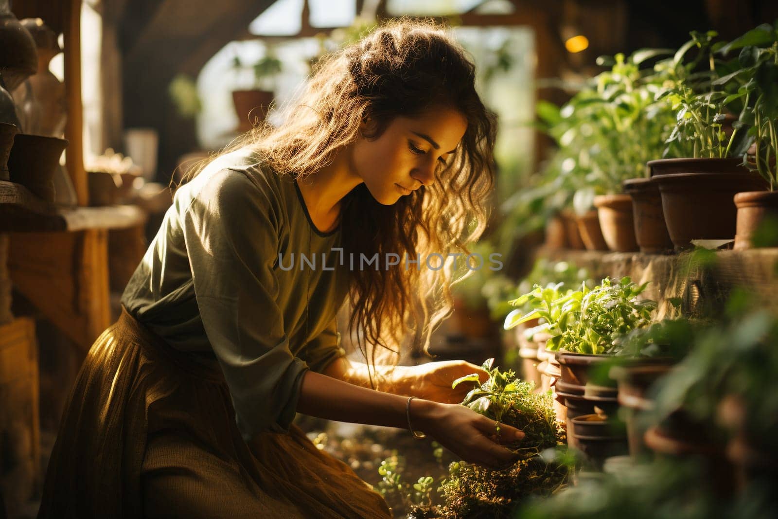 Young woman takes care of plants in a greenhouse, work on a farm, agricultural plantation, gardening