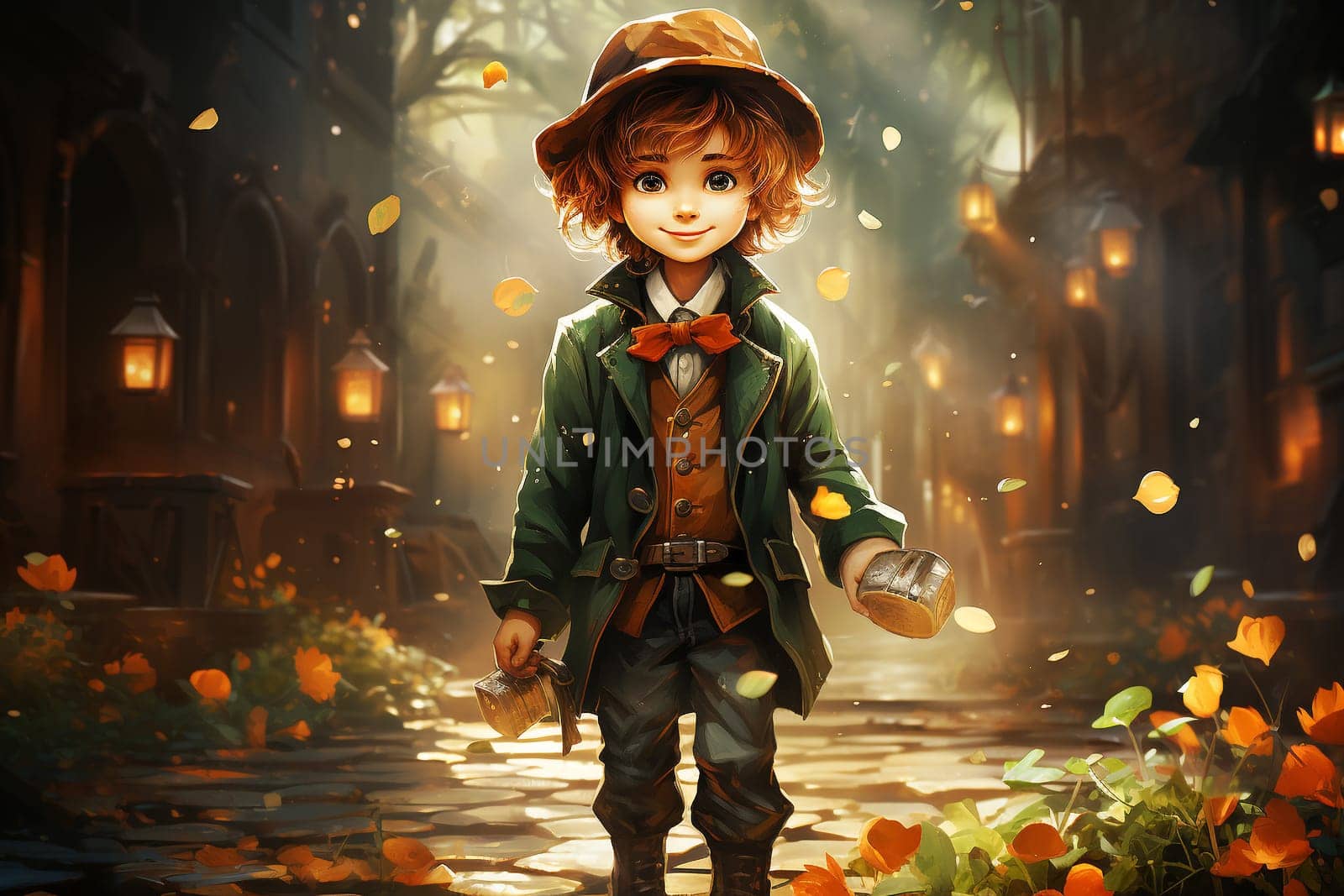 Leprechaun with pot of gold , St. Patrick´s day, green shamrock leaves, irish holiday, mythology of Ireland