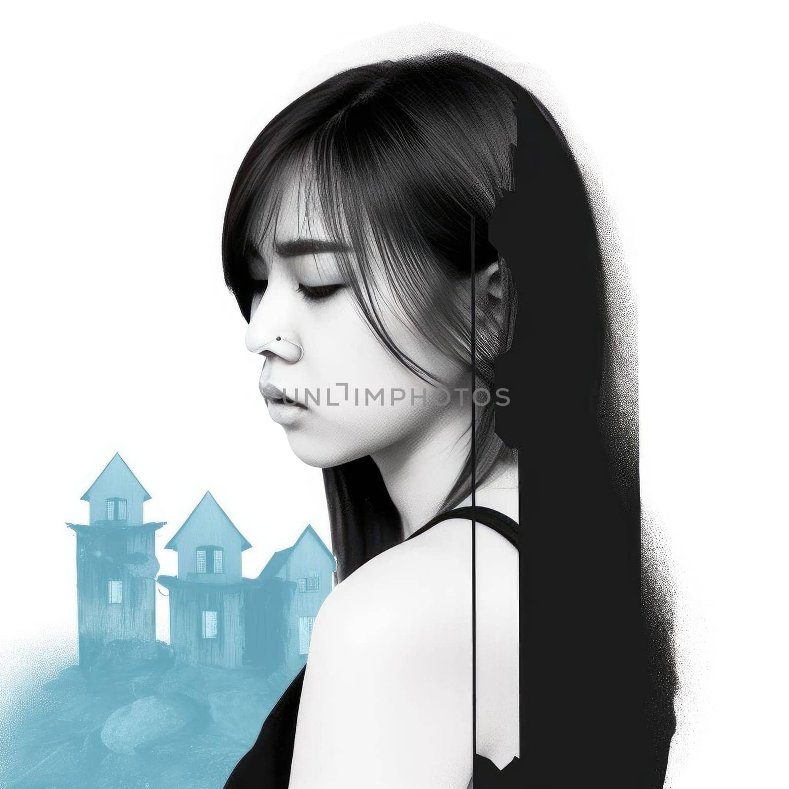 Portrait of a beautiful Asian woman with long black hair - AI Generated