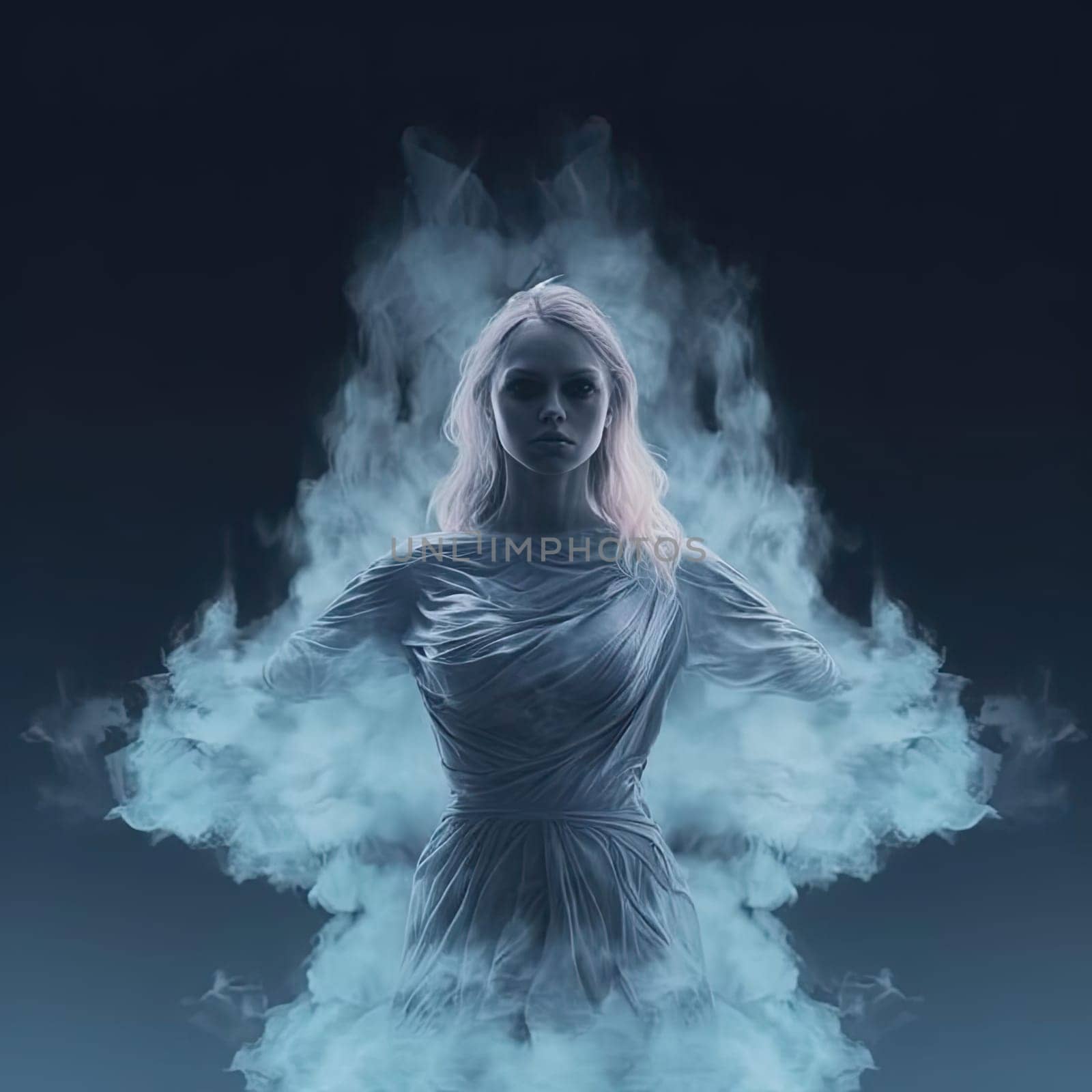 Fantasy image of a beautiful woman in a white dress surrounded by smoke - AI Generated