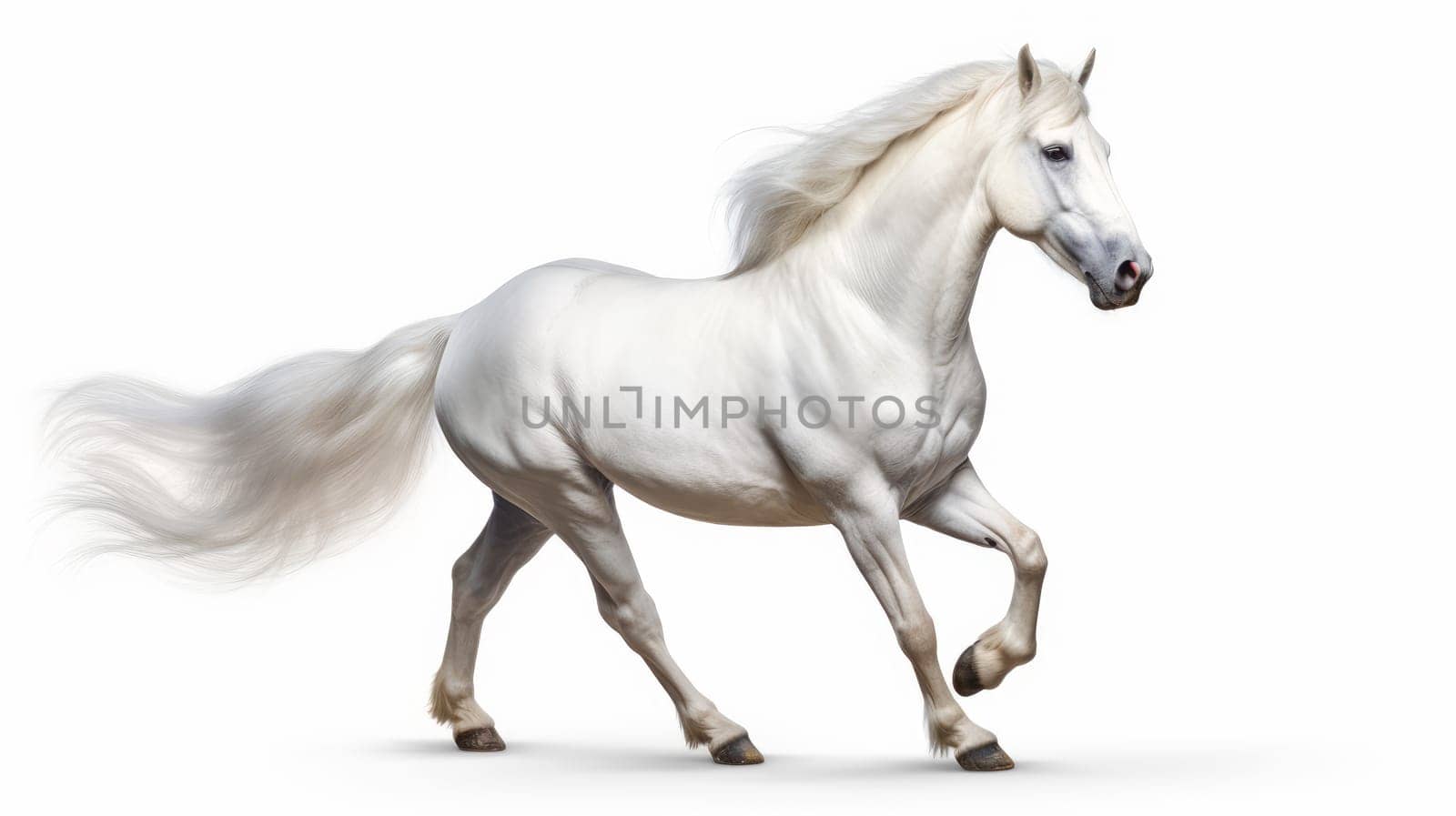 Galloping Lipizzaner with waving tail isolated over white background. Artificial Art