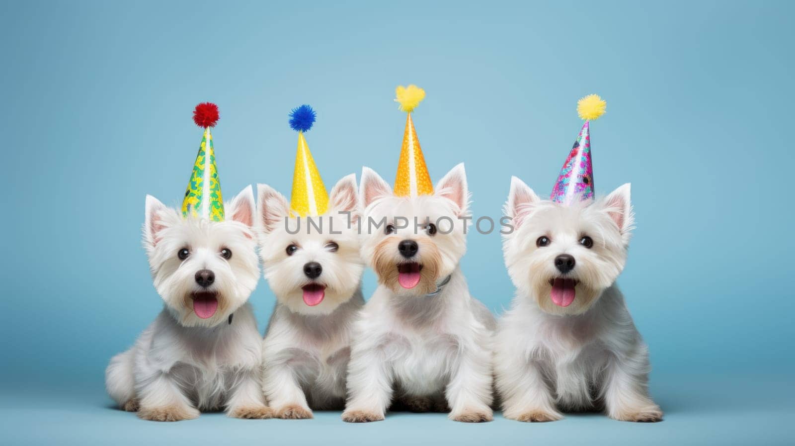 Funny west highland terrier with party decoration . Artificial Art