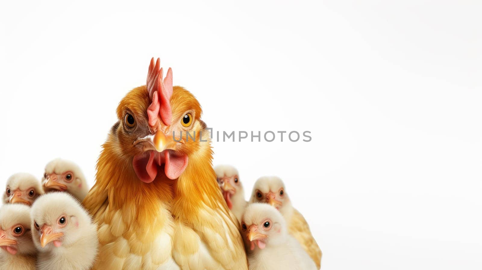 Chicken with chicks isolated on white background and copy space- artificial art