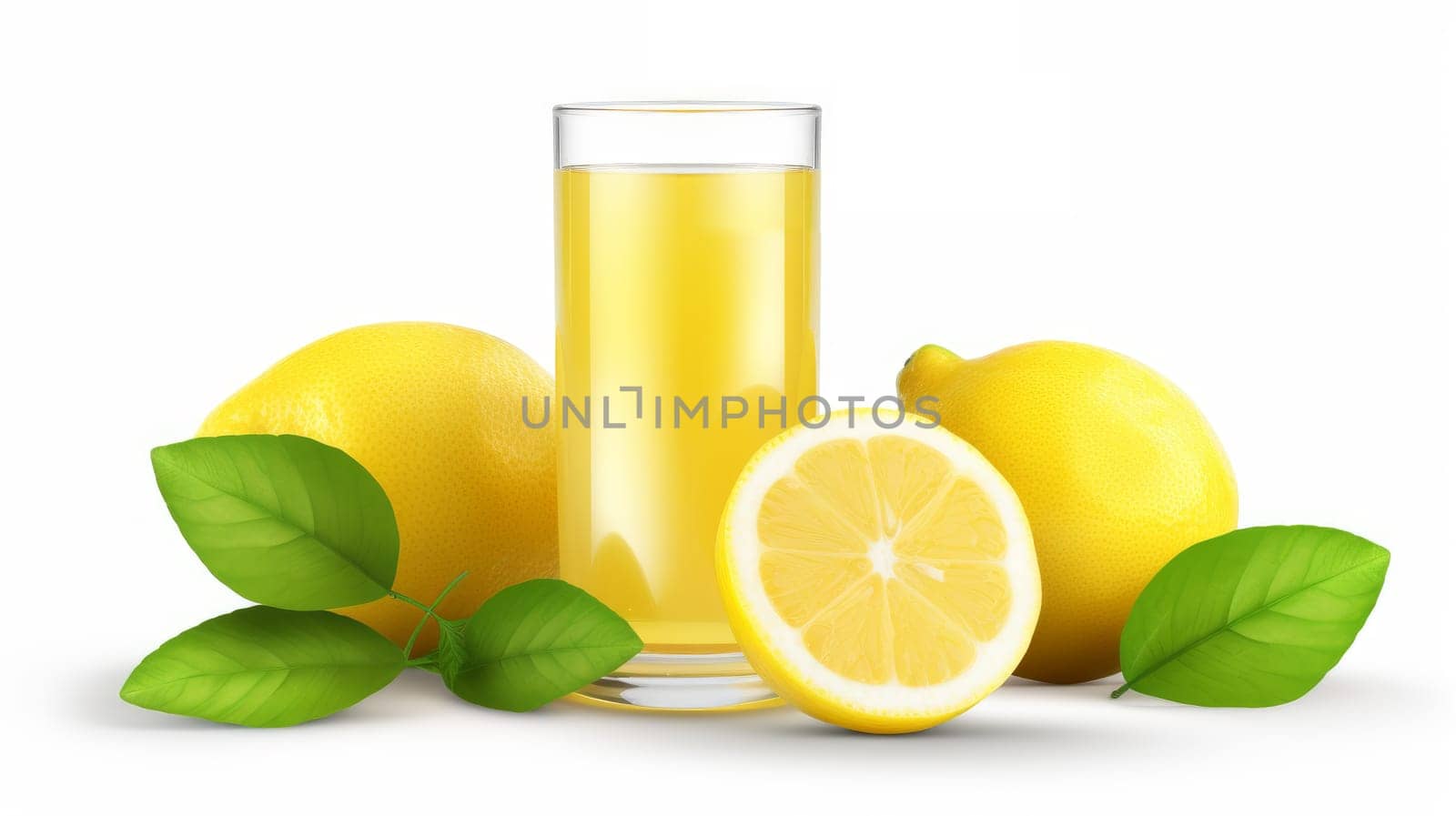 Delicious lemonade juice with fresh lemons and green leaves on white background. Artificial Art