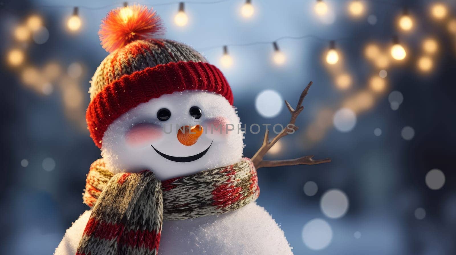 Funny Toy Snowman in a beautiful Winter scenic with bokeh. Artificial Art.