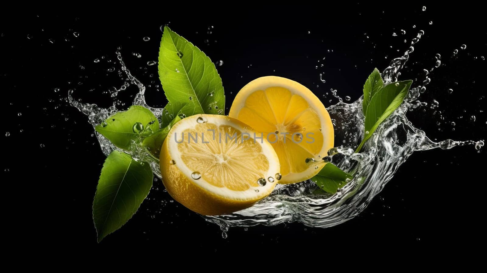 Fresh yellow lemon Fruit splash concept with water isolated on black background. artificial art