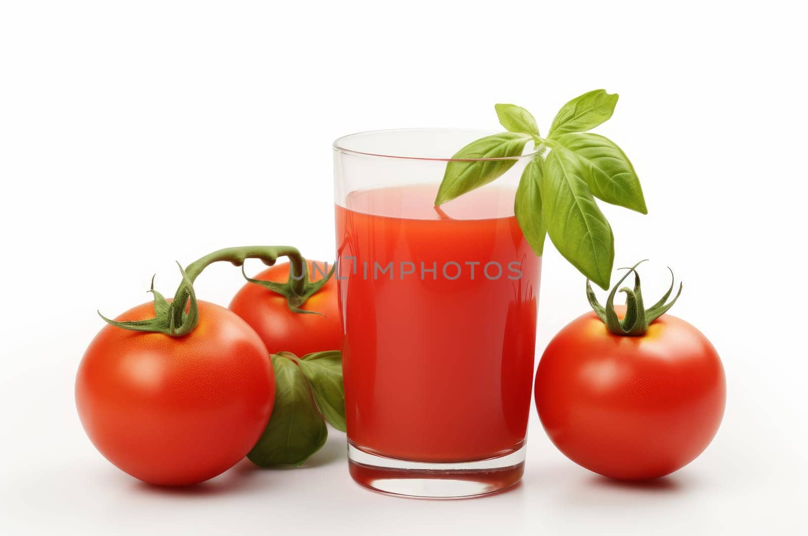 Fresh Tomato juice in a glass with tomatoes and basil on bright background. Artificial Art