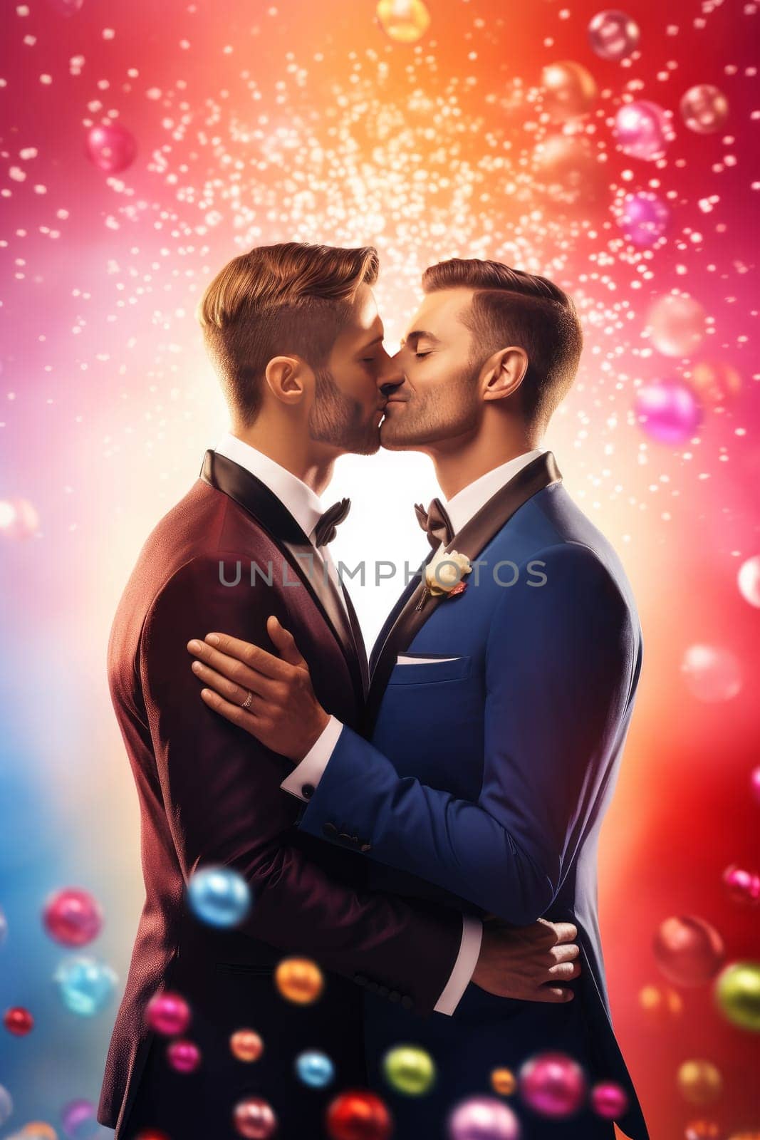Happy Gay Couple on there Marriage Day on colorful bubble background. artificial art