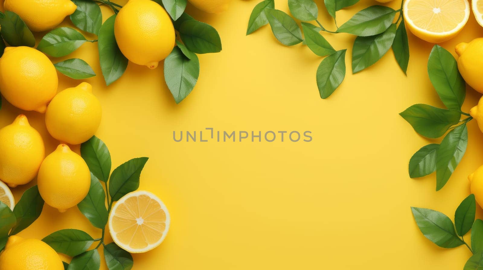 Beautiful backdrop with yellow lemons and green leaves on yellow background. Artificial Art
