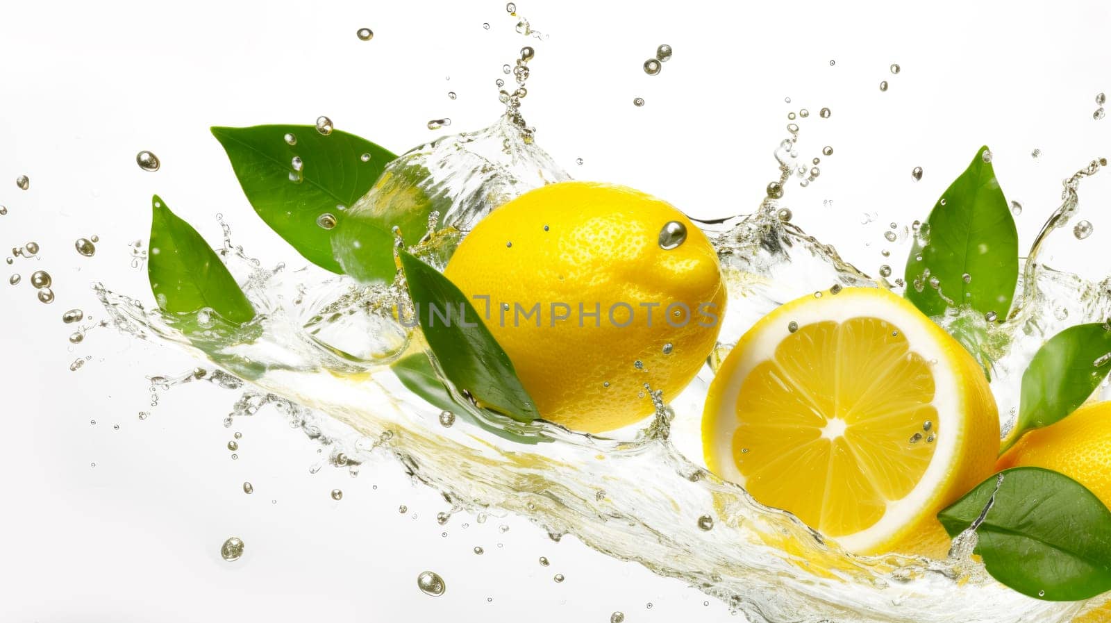Fresh yellow lemon Fruit splash concept with water isolated on white background. artificial art