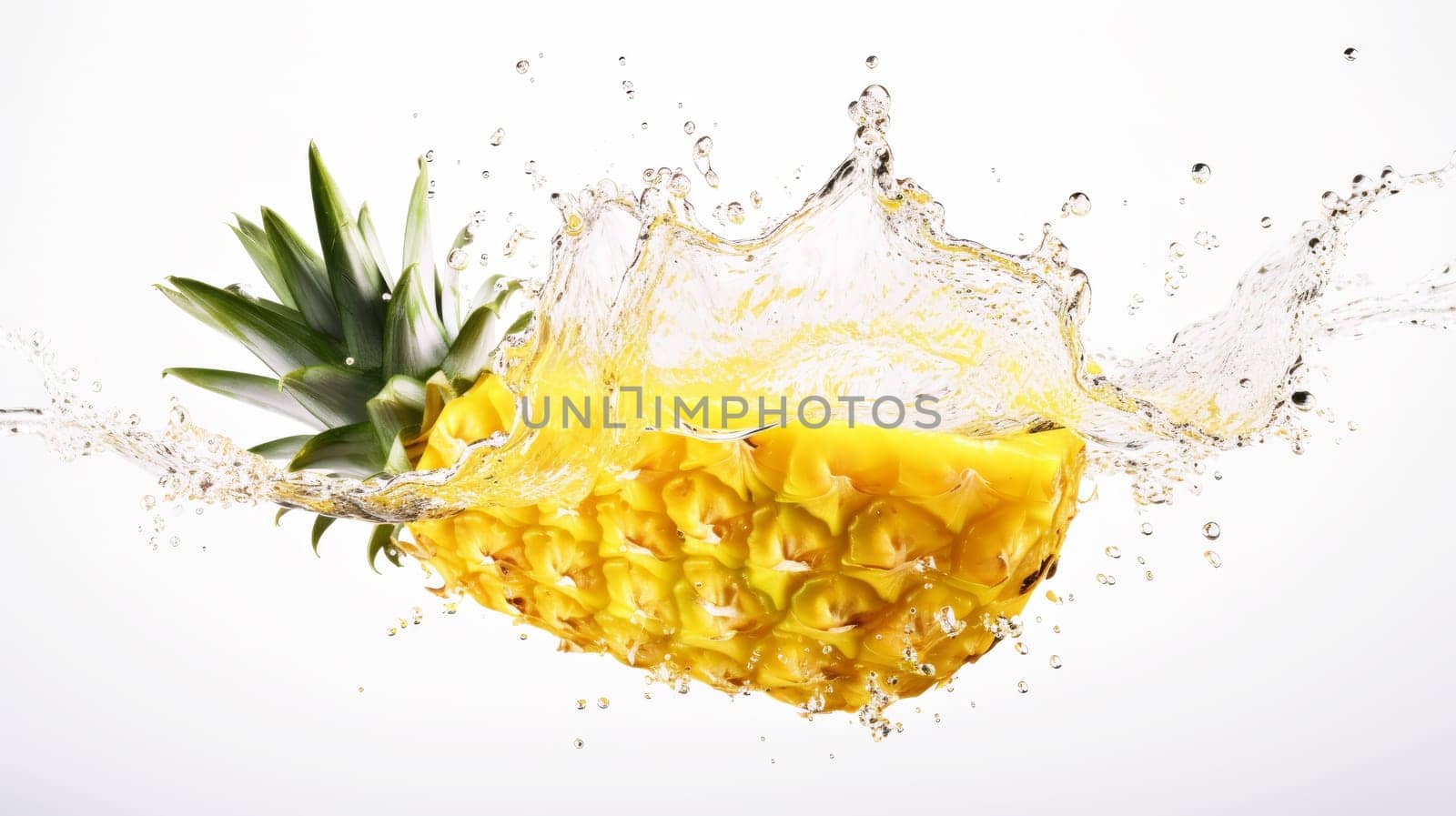 Delicious Pineapple splash in water isolated on white background. artificial art
