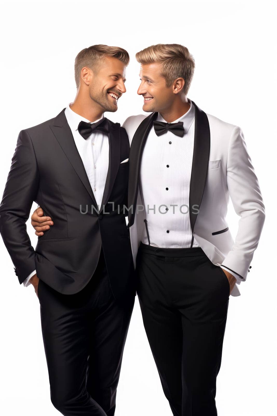 Happy Gay Couple on there Marriage Day isolated on white background. artificial art