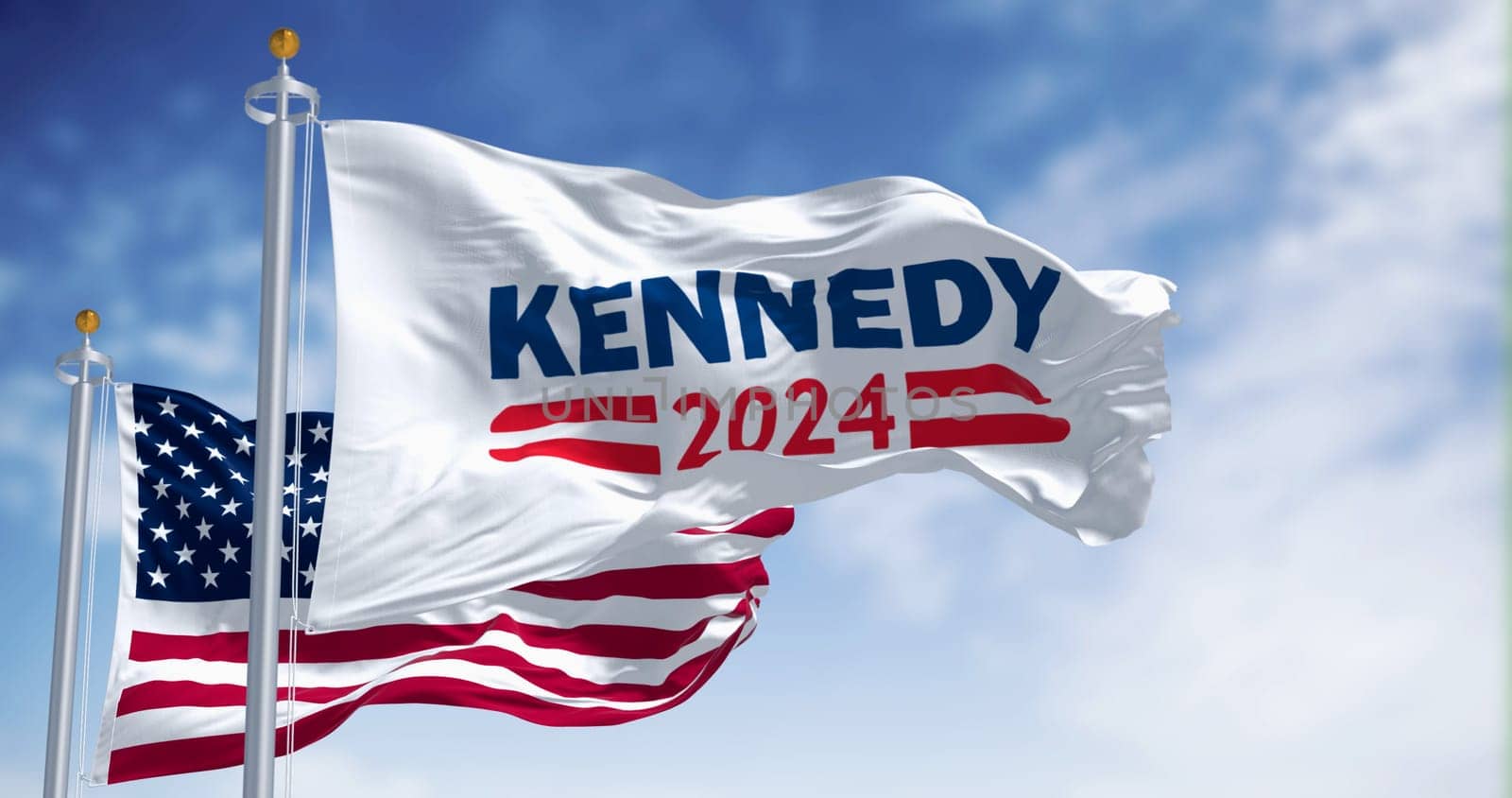 Washington D.C., US, april 12 2023: Kennedy 2024 Democratic presidential primaries campaign flag waving under the US national flag. Illustrative editorial 3d illustration render