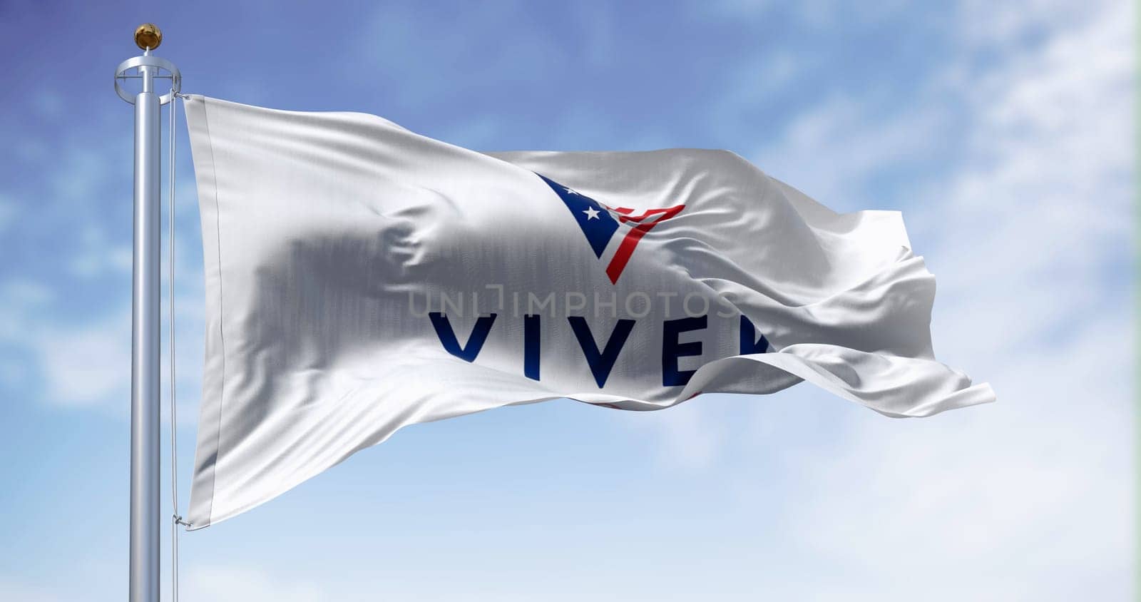 Washington D.C., US, June 21 2023: Flag with Vivek Ramaswamy 2024 presidential election campaign flag waving on a clear day. Illustrative editorial 3d illustration render.