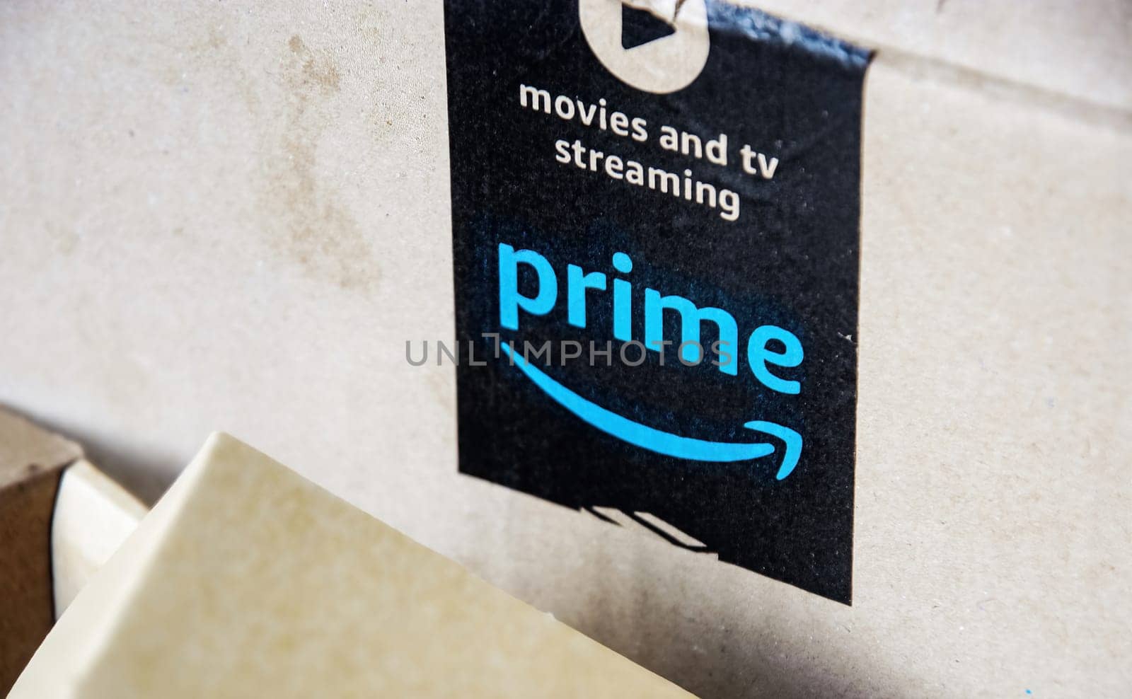 Rome, Italy, August 5 2020: Amazon Prime logo on a cardboard box.