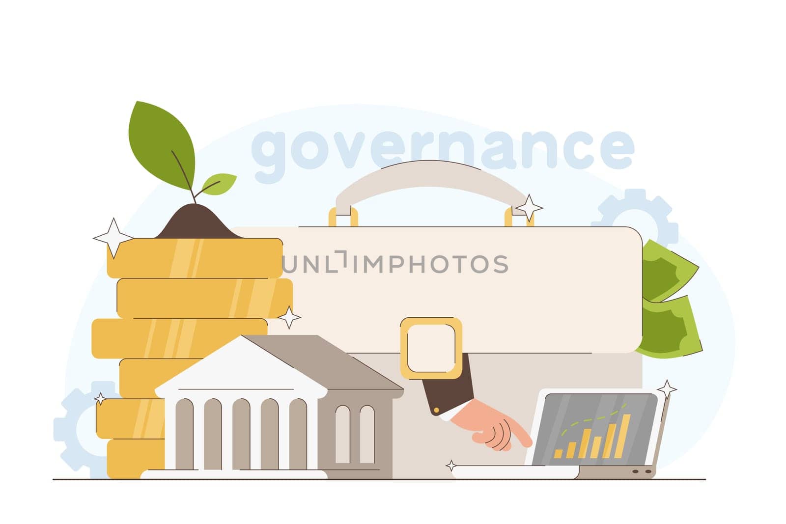 ESG flat vector illustration. Environmental, social and governance investment in sustainable economic projects. Business investors, responsibility investing of finance in company.