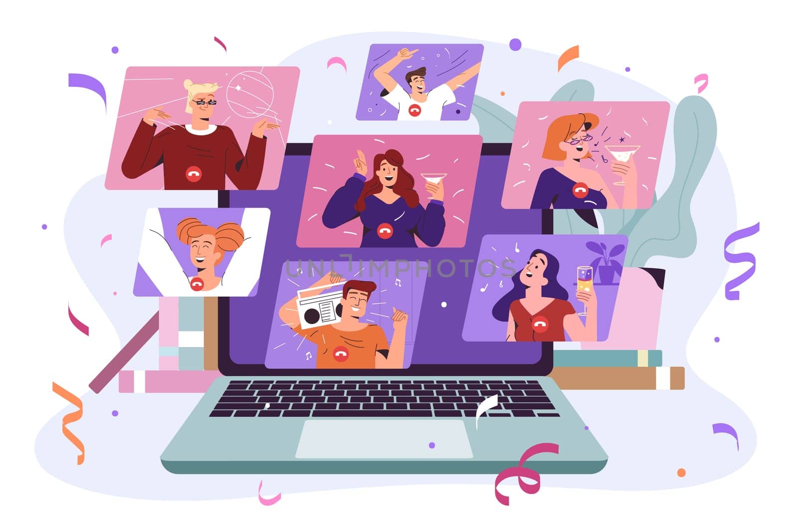 Online party concept. Flat happy people dancing, drinking and celebrating birthday via internet. Virtual holiday with friends or colleagues at computer screen. Festive event from home via video call.