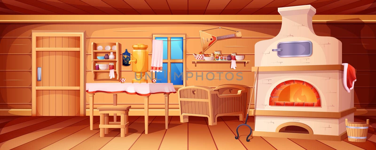 Cartoon russian hut interior with old kitchen. Ancient ukrainian house inside view with wooden furniture, window, door. Rural traditional cooking room with stove, samovar, grip, balalaika, baby crib.