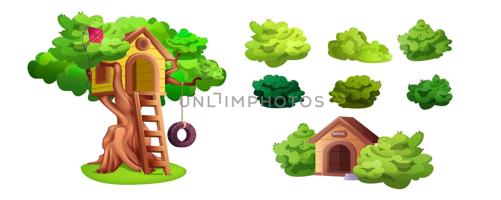 Set of tree house, green garden bushes and doghouse isolated cartoon elements. Treehouse with wooden ladder, kite and tire swing for playing kids. Place for games and children activities in summer.