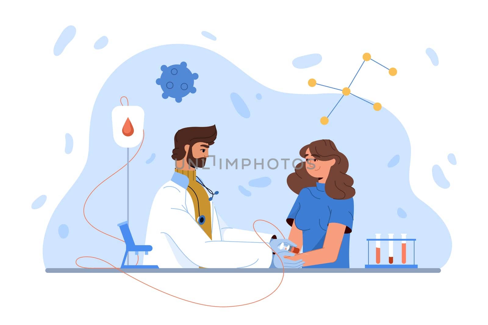 Flat patient and doctor with syringe taking blood sample in tube in laboratory. Woman doing medical test procedure for analysis for diagnosis of diseases. Lab research or checkup health concept.