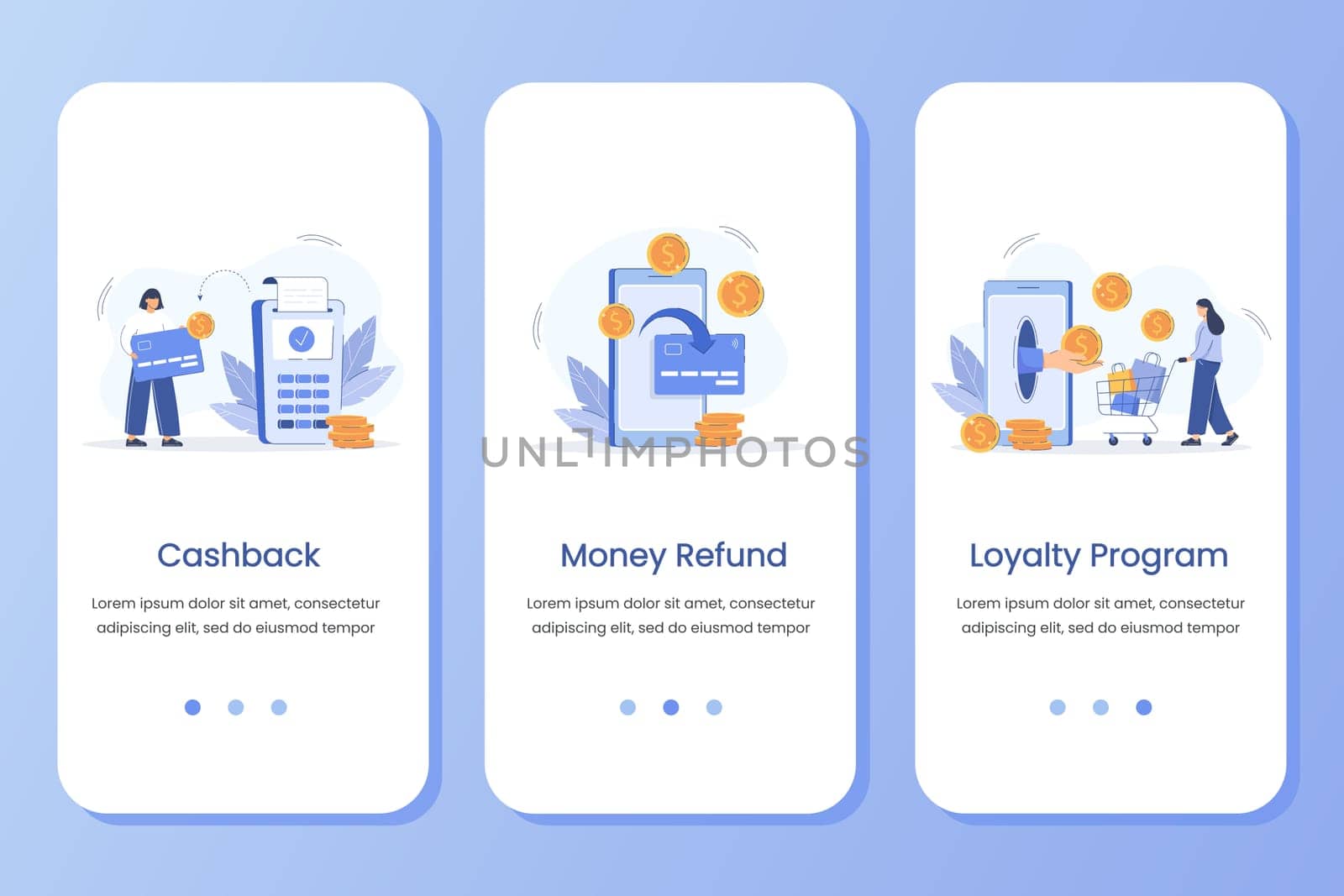 Onboarding screen ui with cashback, money refund and loyalty program digital concepts. Vector banner template for website, mobile development or phone app. Flat customer receive reward and save cash.