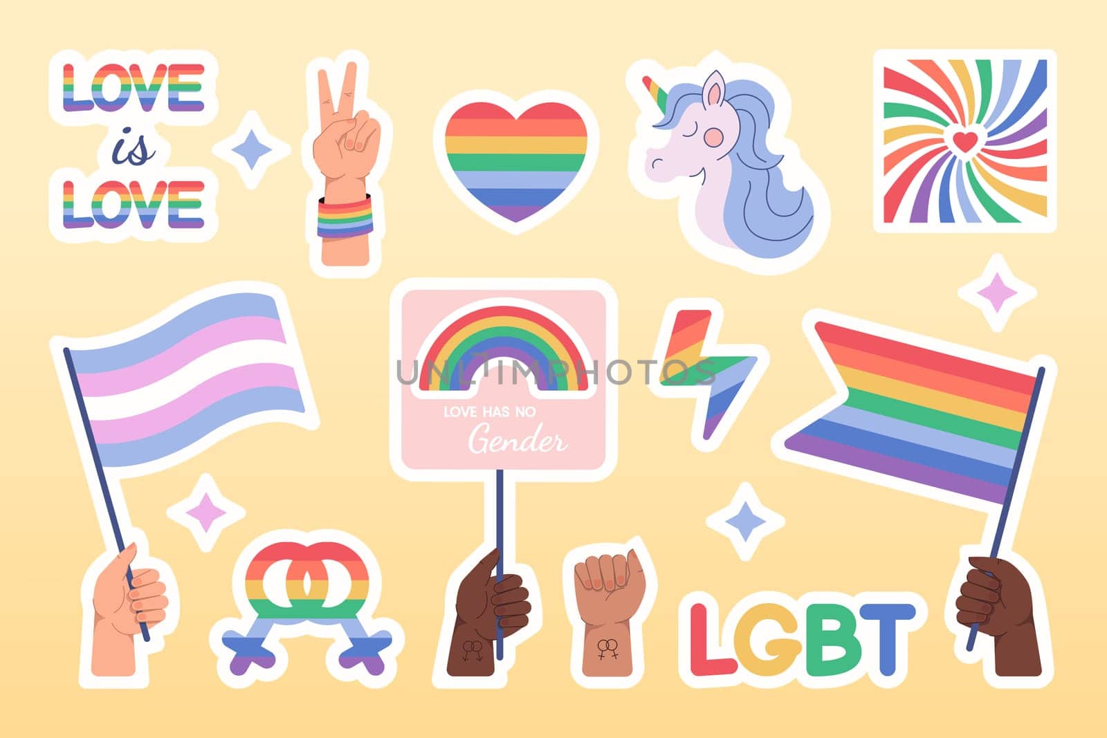 Flat LGBTQ pride stickers set. LGBT for gay male or lesbian female sex symbols. Elements for pride month with rainbow flag. Bisexual, transgender, gender equality or relationship rights concept.