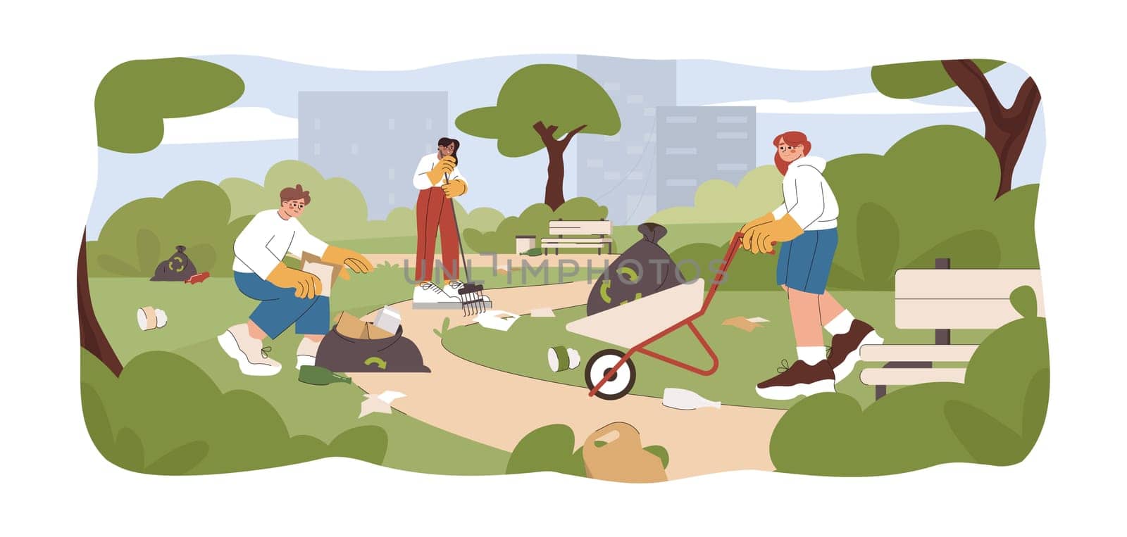 Flat volunteer team clean up city park, collect garbage. Young people collecting litter together, pickup rubbish into recycling trash bags. Cleaning waste for recycle. Environmental problems concept.