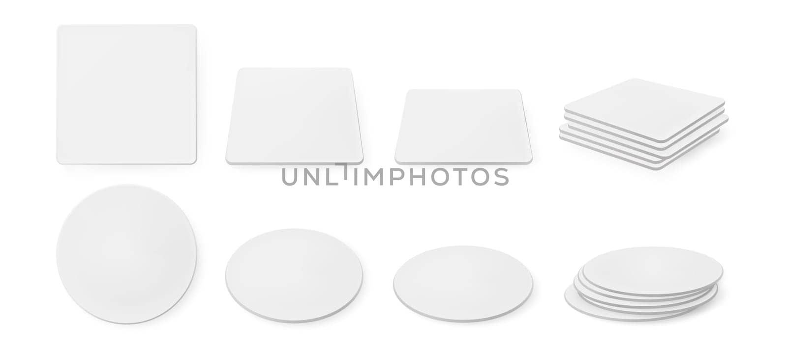 White paper coasters for beer mug in top and side view. Square and round shapes beermat stack. Bierdeckel for cup or tankards. Blank cardboard mats different shapes realistic 3d vector mockup.