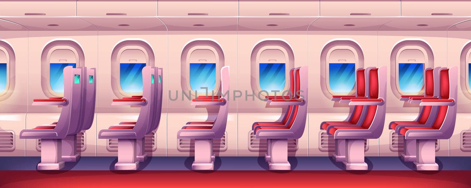 Cartoon empty airplane interior with aircraft windows and red passenger seats in row. Economy class plane cabin inside view with chairs and portholes. Aircraft salon armchairs for jet trip.