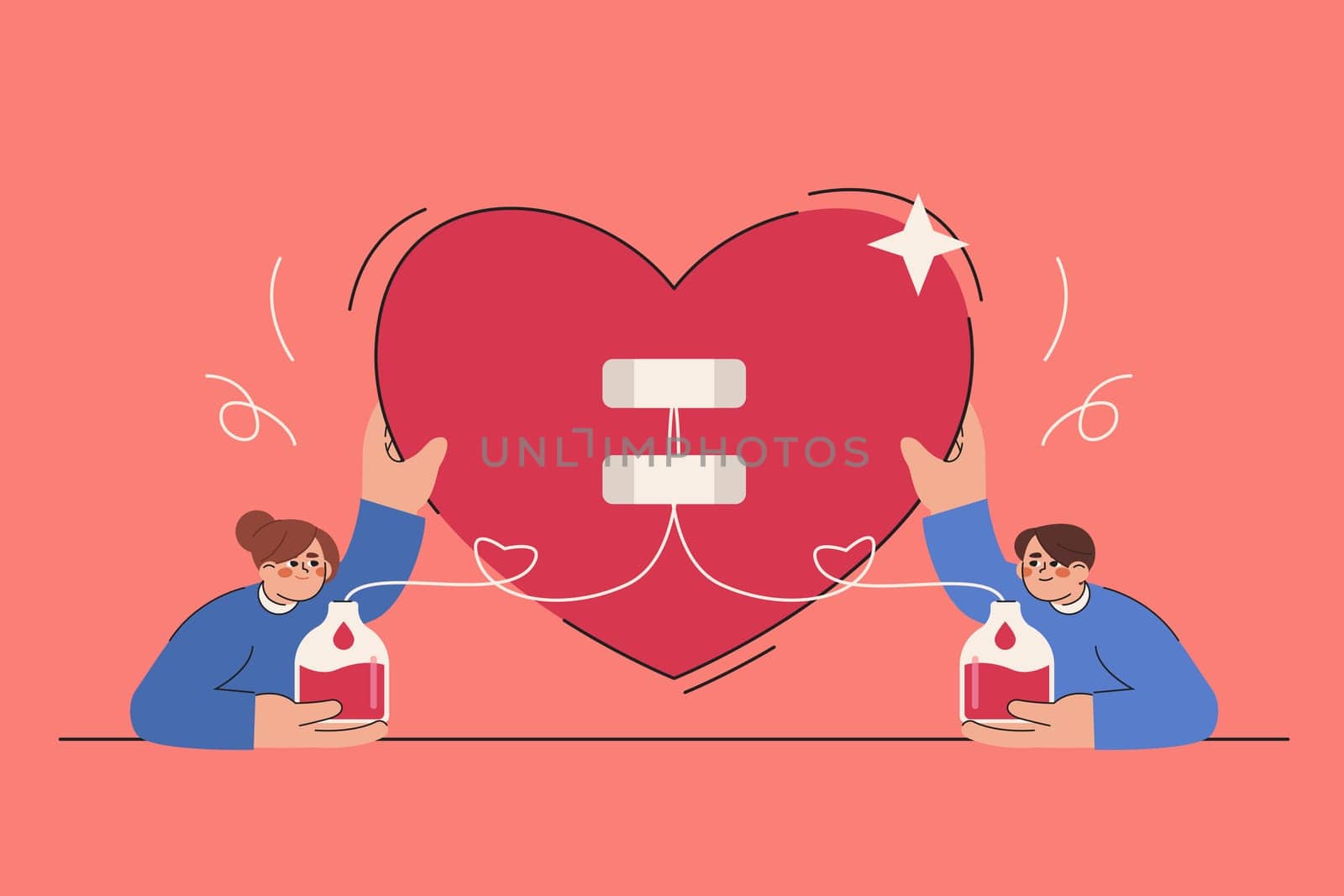 Flat couples volunteer donating blood in medical hospital. Woman and man donor patient touching to big heart sign. World blood donor day or health charity. Healthcare donation and save lives concept.