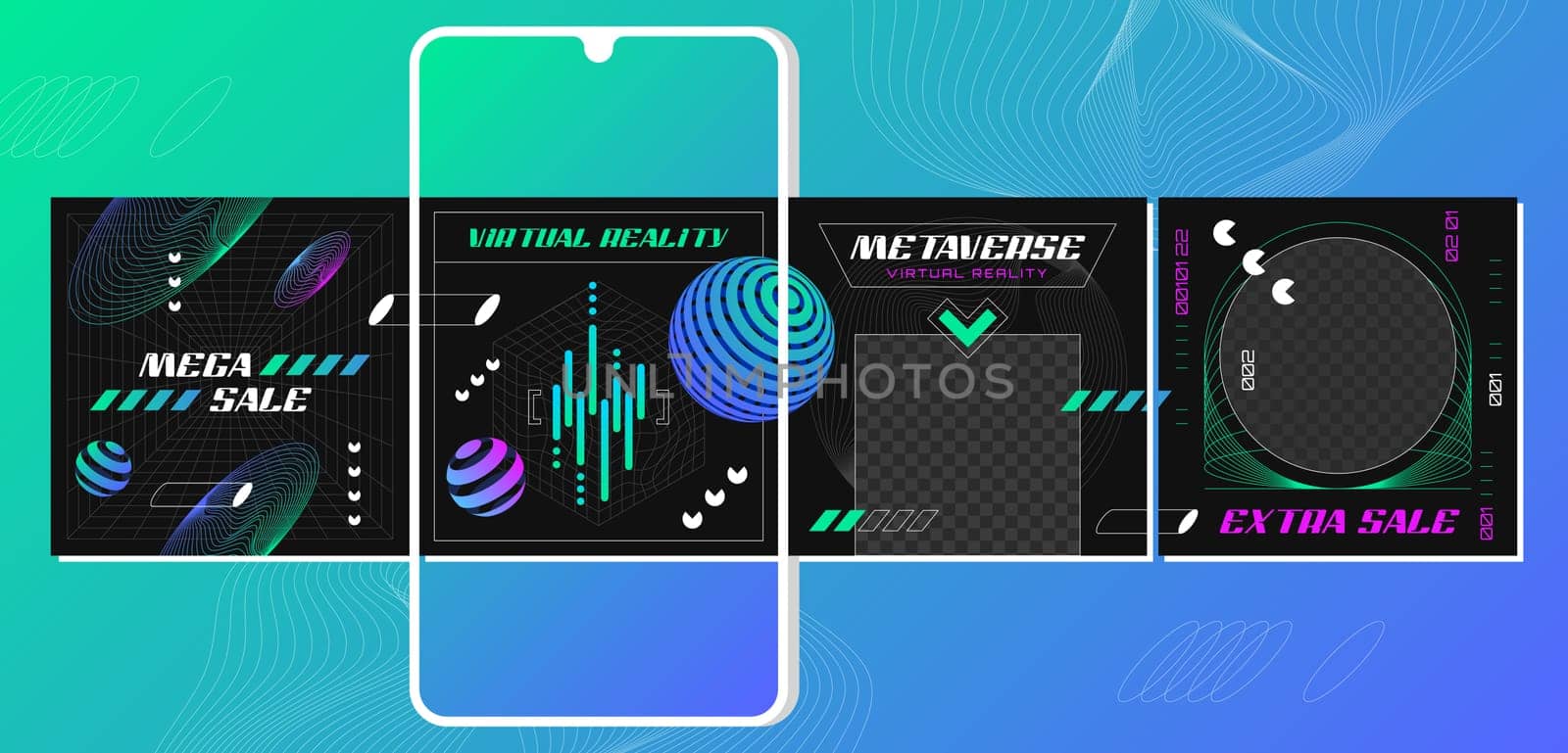 Retro futuristic instagram post carousel design template with abstract 3d geometric wireframe shapes, grids. Social media banners. Mobile application screens with graphic elements for sale advertising