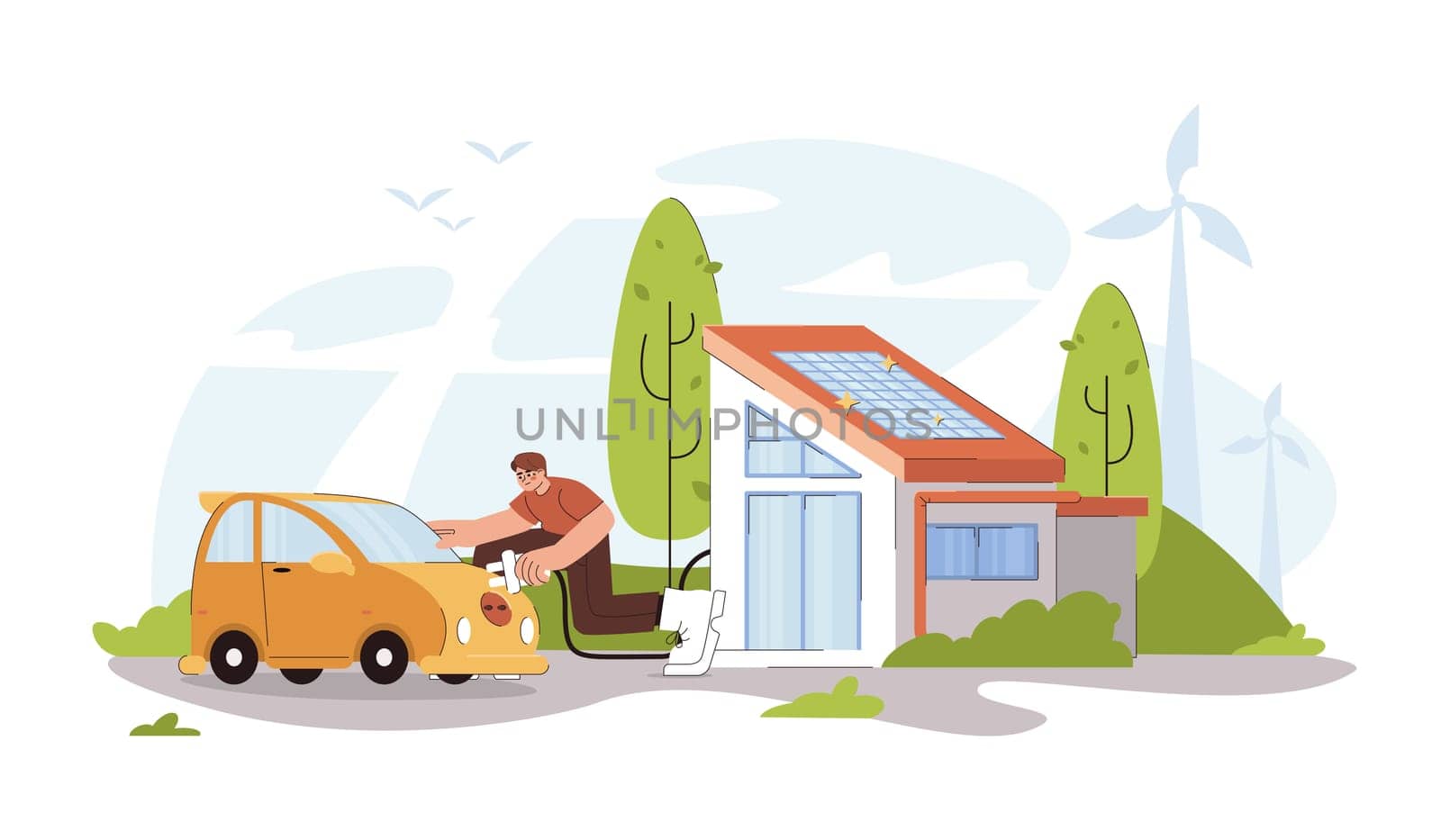 Flat man charging electric car in yard from ev charger station in modern smart home with photovoltaic solar panels on the roof. Eco house, friendly alternative renewable green energy concept.