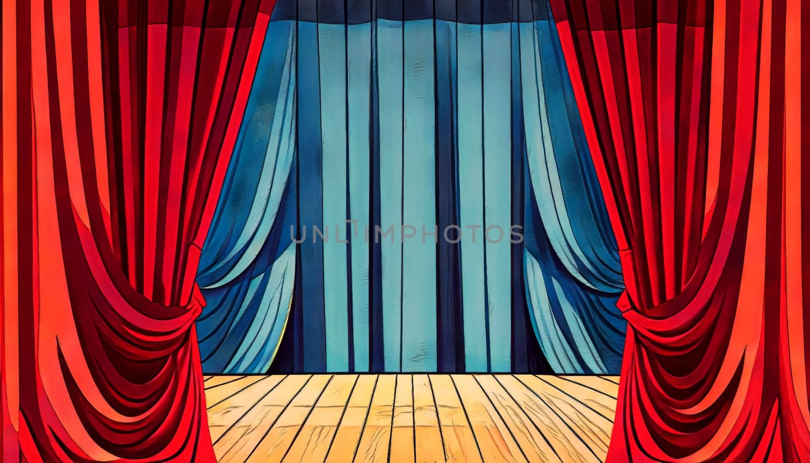 empty stage with red velvet curtains concert music show performance backdrop painting illustration