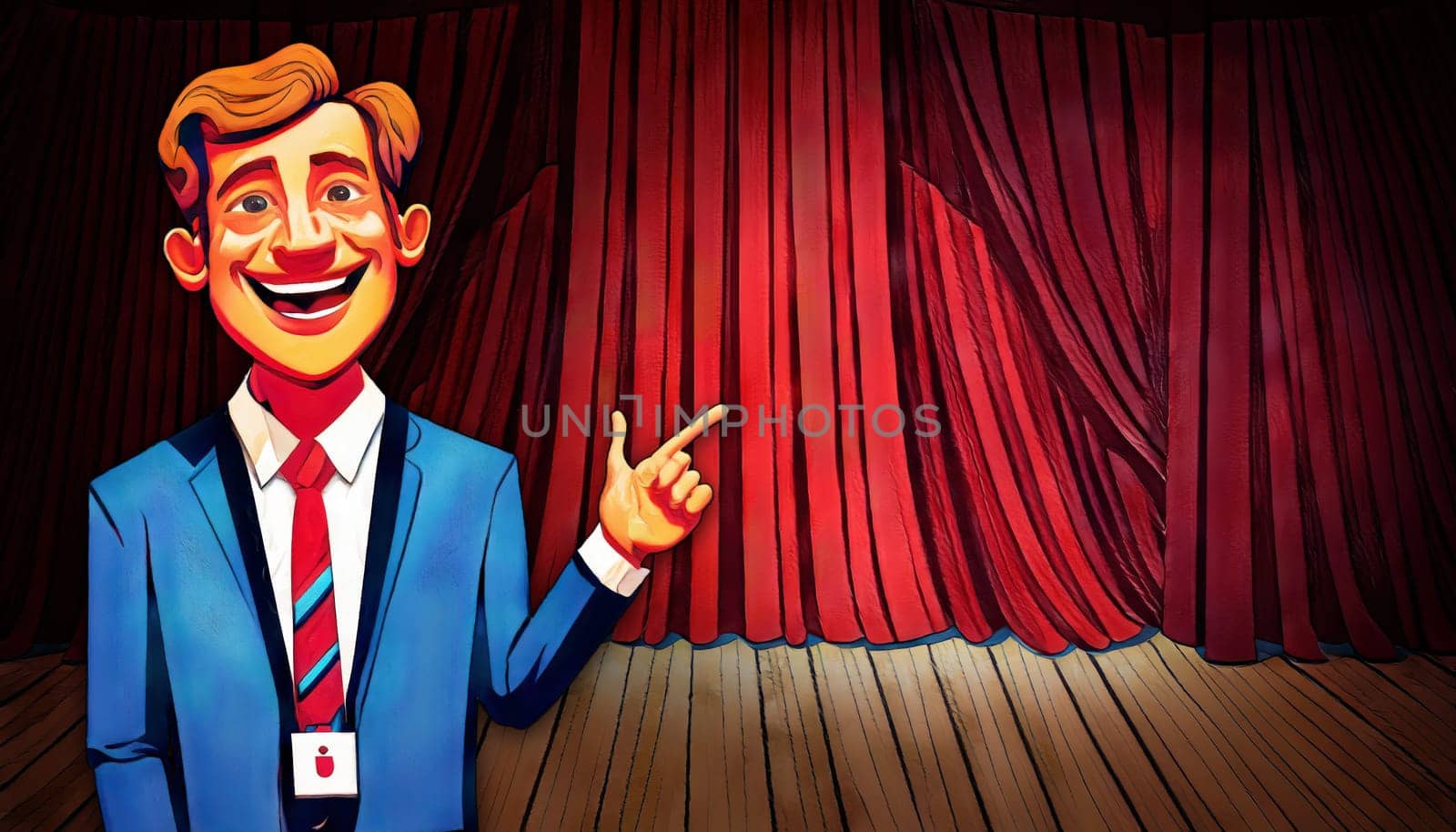 man pointing and showing empty stage with red velvet curtains concert music show performance backdrop copy space painting illustration