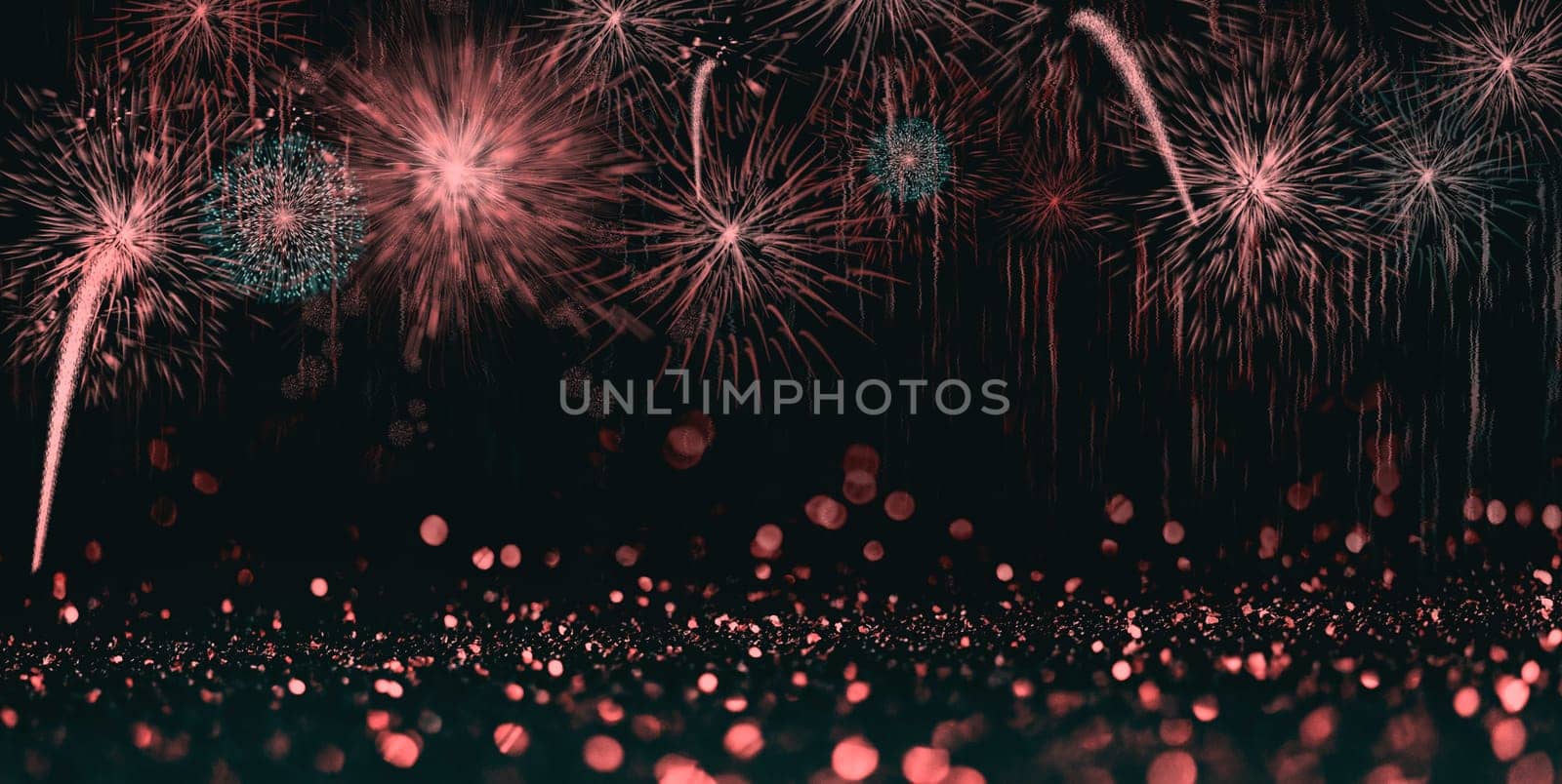 Abstract celebration background with colorful fireworks and bokeh lights. Holiday layout design for event party.
